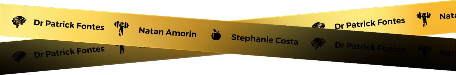 Faixa dourada com os nomes dos especialistas Dr. Patrick Fontes, Natan Amorin e Stephanie Costa.